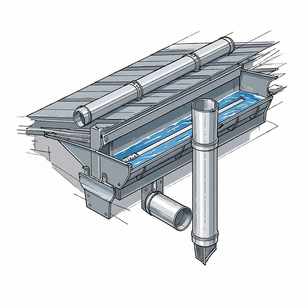 Diagram of gutter system components on a residential roof edge