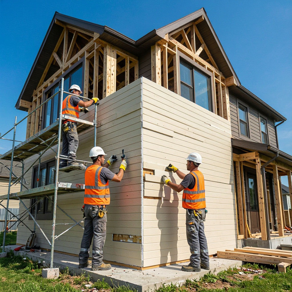 Crew installing new lap siding on a residential exterior wall