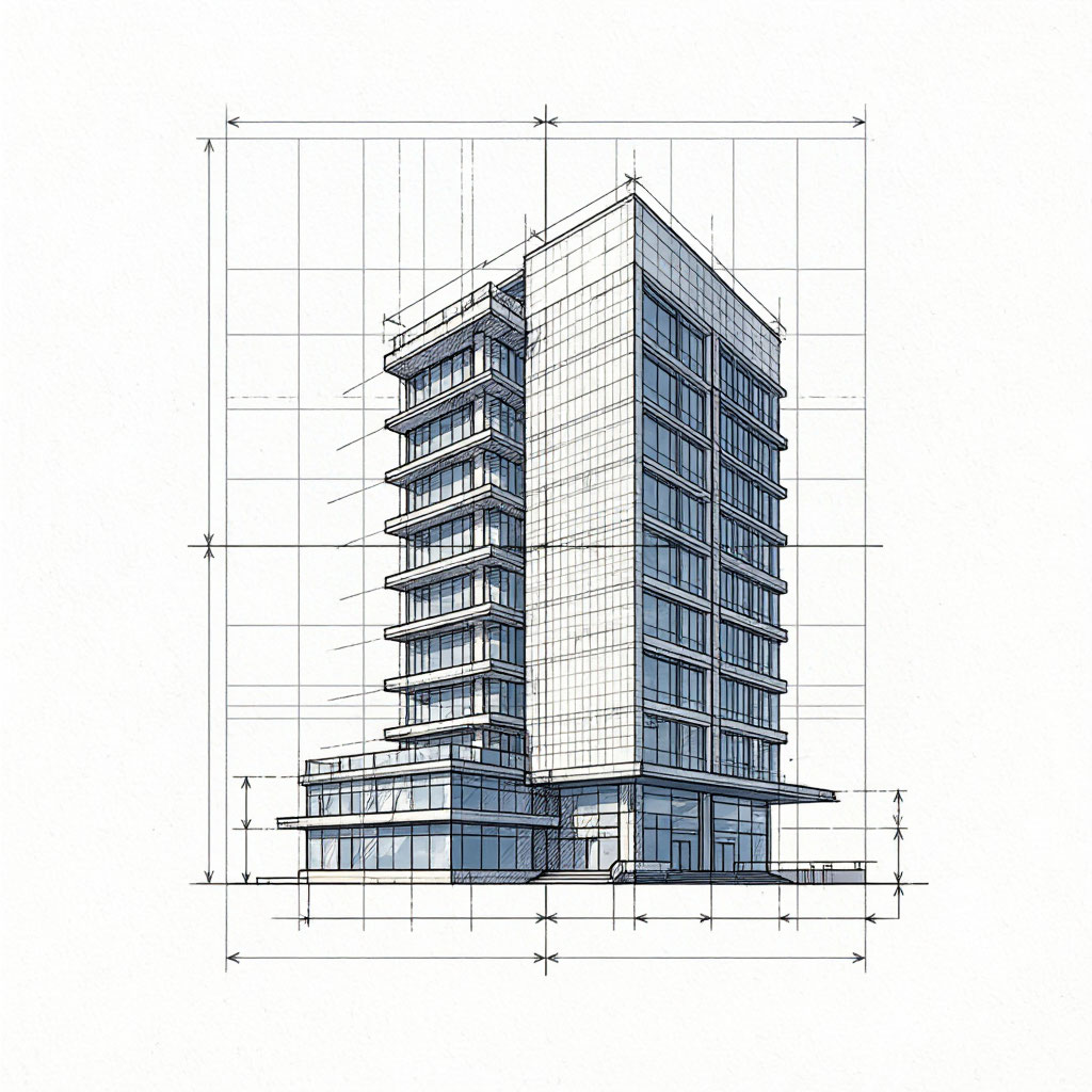 Multistory commercial building with exterior cladding