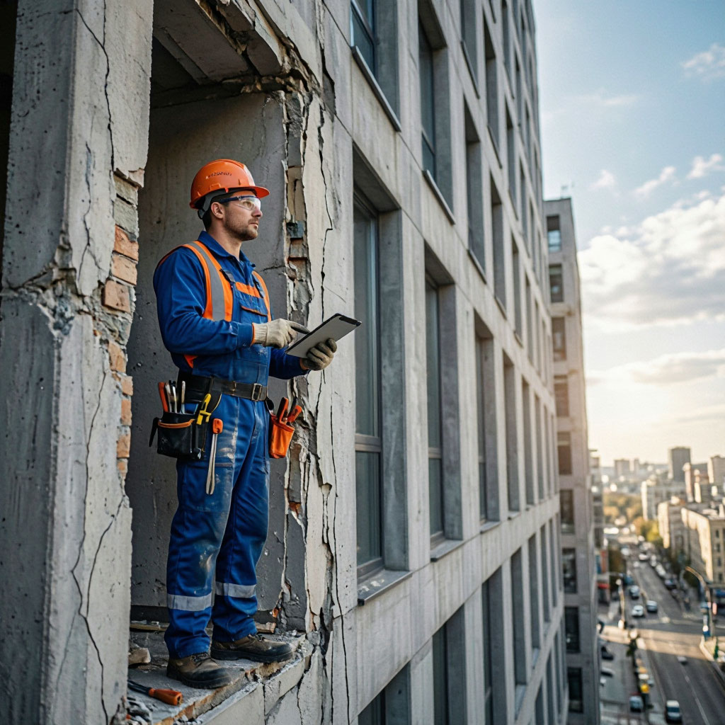 Technician inspecting a building facade for structural damage