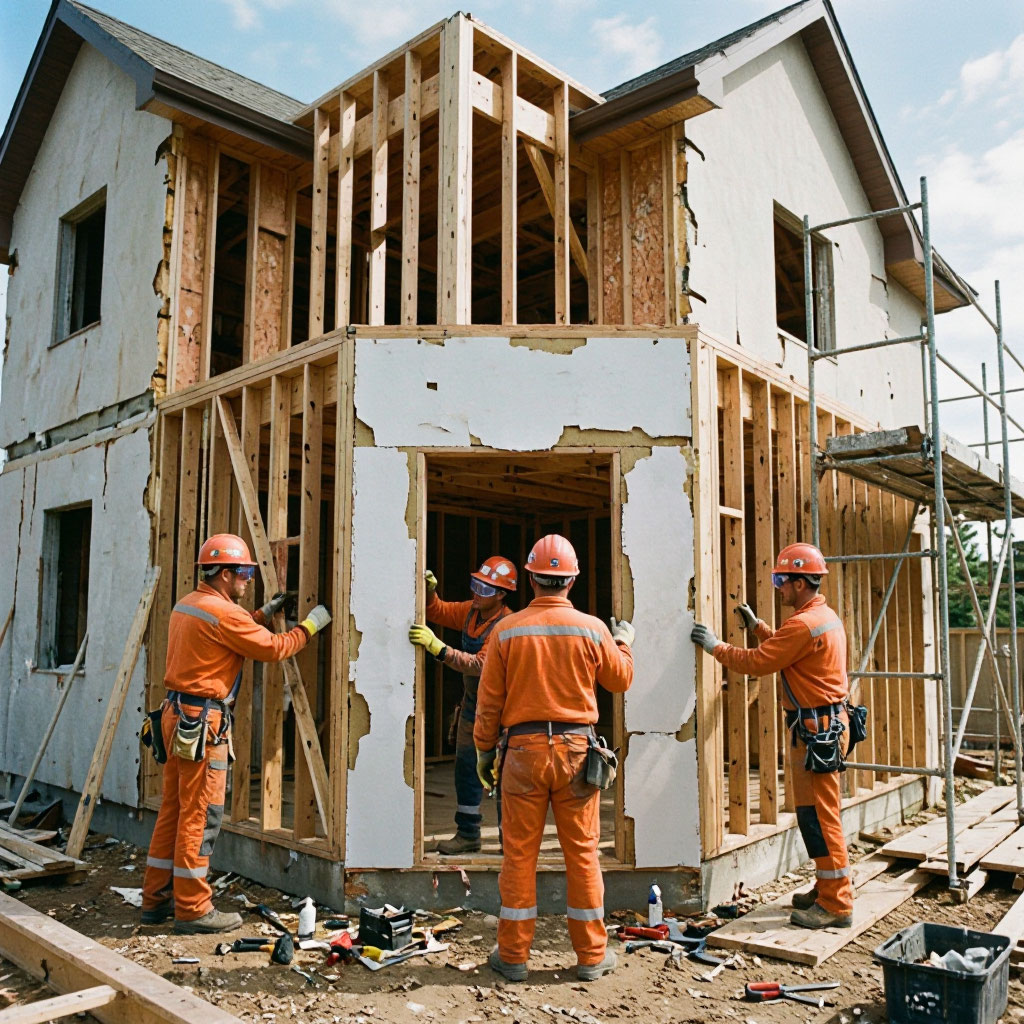 Crew removing old siding and inspecting sheathing
