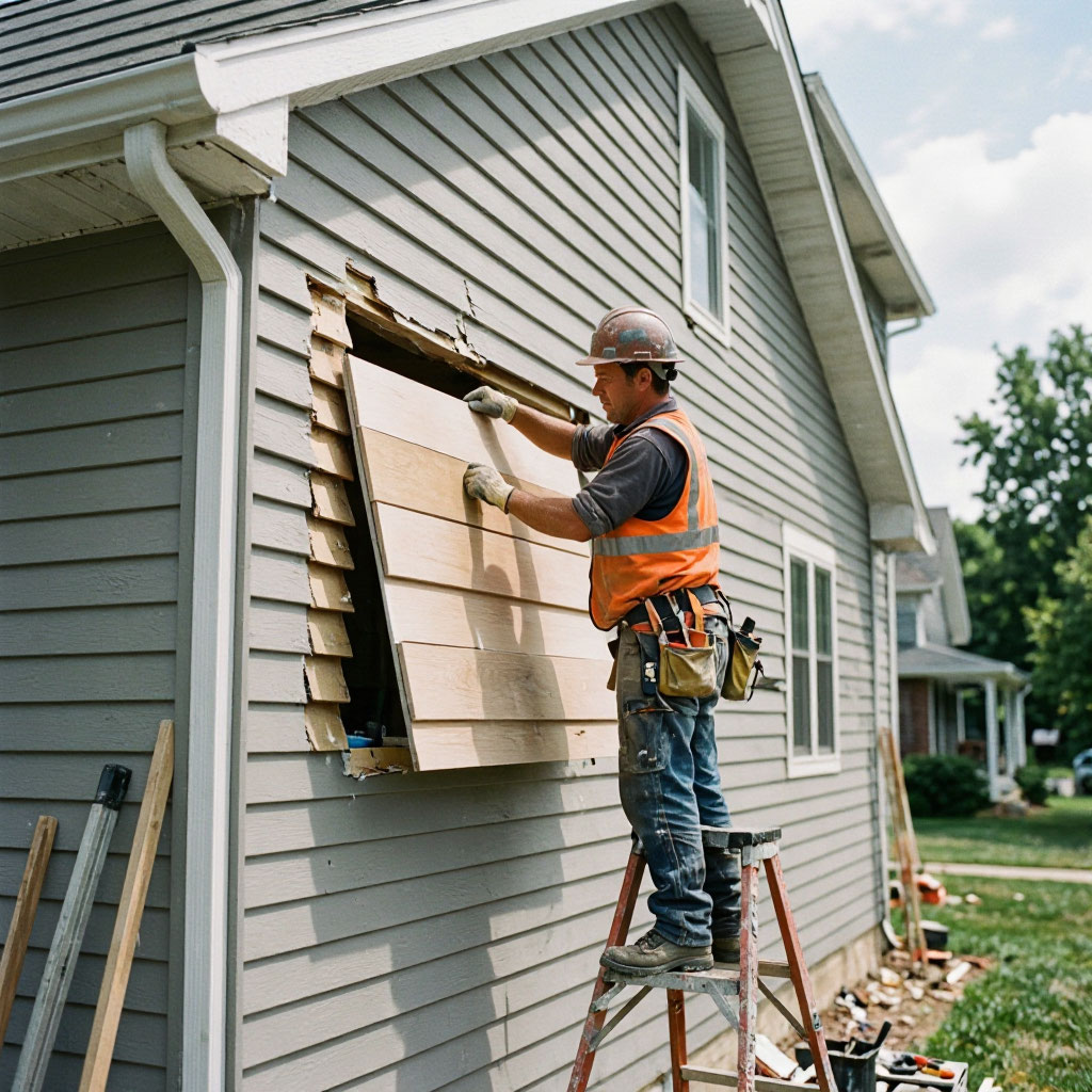 Contractor repairing damaged siding on a residential exterior
