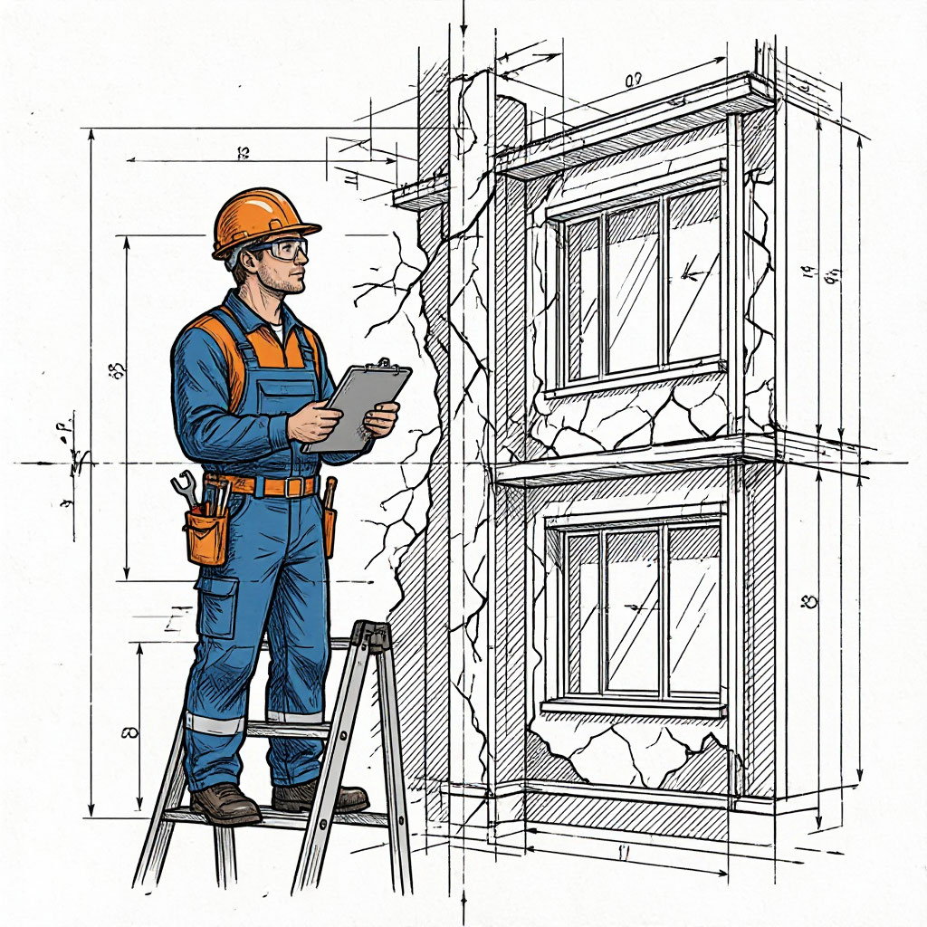 Technician inspecting a building facade for structural damage